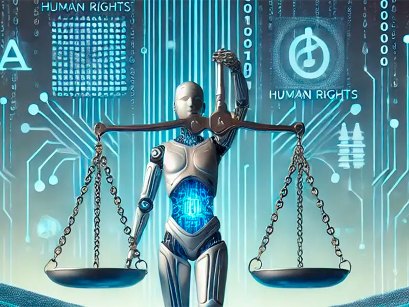 Robô segurando uma balança da justiça, simbolizando os desafios éticos e regulatórios da Inteligência Artificial.
