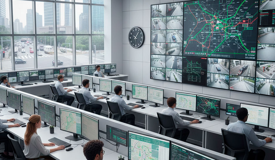 Centro de controle e gestão de trânsito de uma cidade grande, onde analistas observam indicadores gerados por IA para monitorar o fluxo de veículos