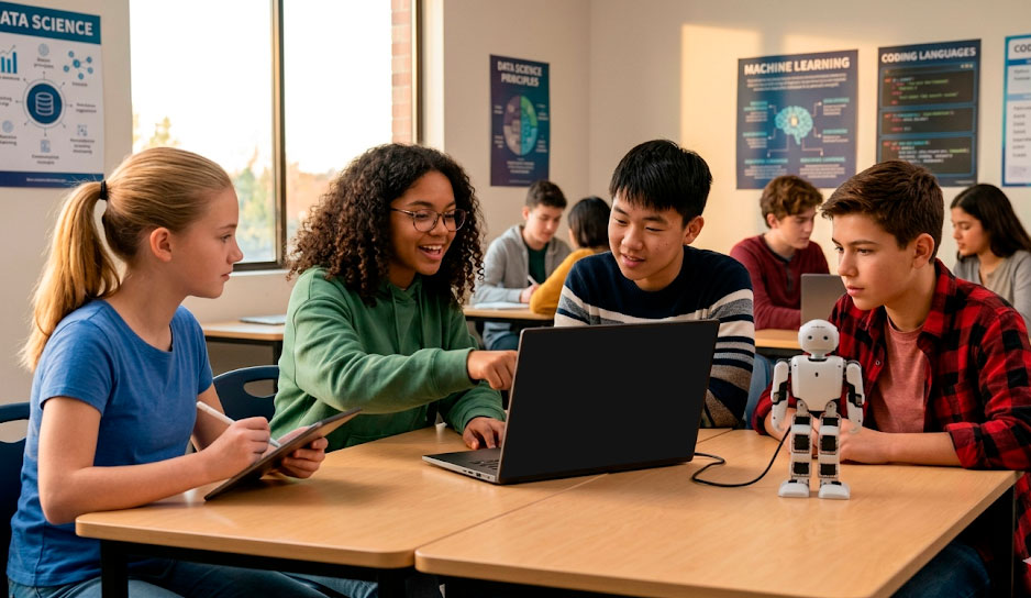 Adolescentes observam computador que comenda robô através de conexão USB e Inteligência artificial