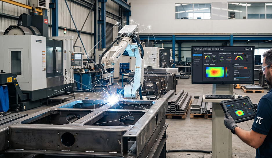 Robô de solda industrial em operação com precisão em estrutura metálica, com sobreposições de dados que indicam controle por inteligência artificial